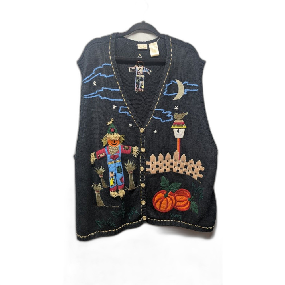 Vintage Bobbie Brooks Fall Harvest Sweater Vest Black Knit Grannycore Teacher 3X